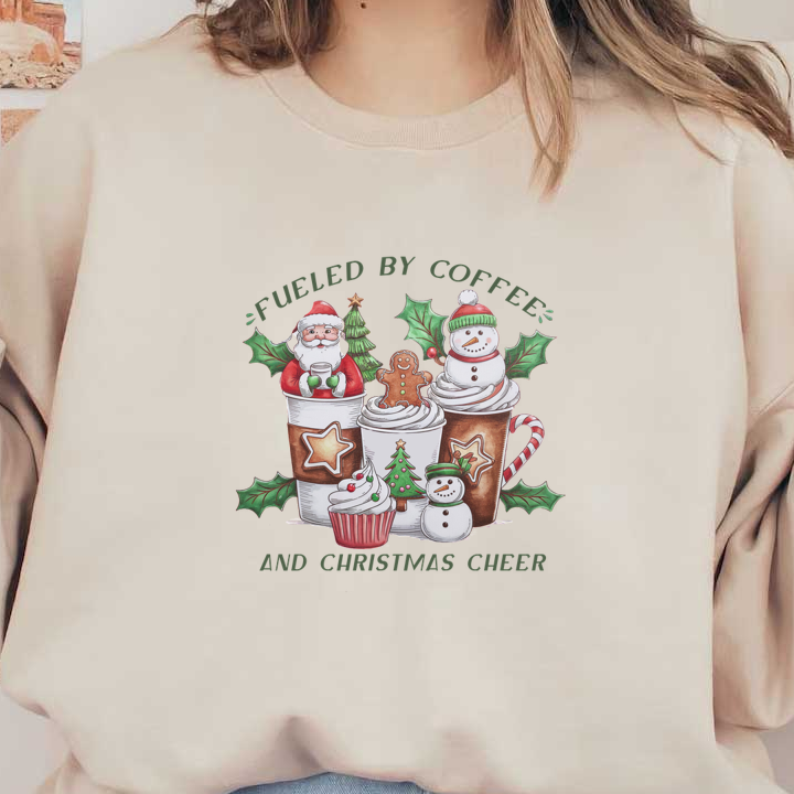 A festive illustration featuring coffee cups, Santa, and holiday treats, celebrating the joy of Christmas cheer and caffeine. dtf prints