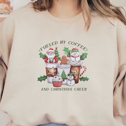 A festive illustration featuring coffee cups, Santa, and holiday treats, celebrating the joy of Christmas cheer and caffeine. dtf prints