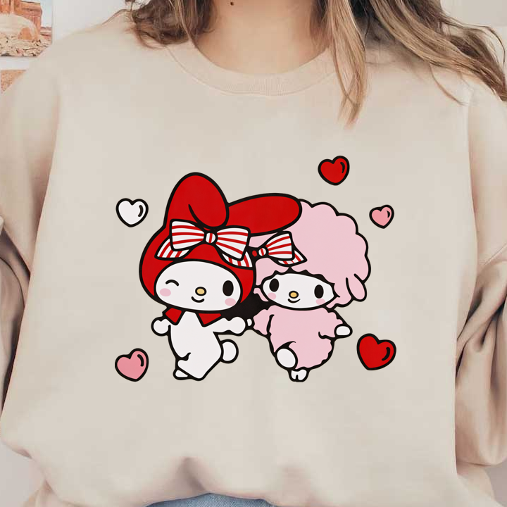 Cute illustration of two kawaii characters, My Melody and companion, surrounded by colorful hearts, radiating joy and friendship.DTF Transfers dtf prints