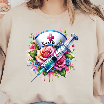 A vibrant and colorful design featuring a syringe surrounded by beautiful roses and flowers, celebrating the theme "Blessed Nurse."DTF Transfers