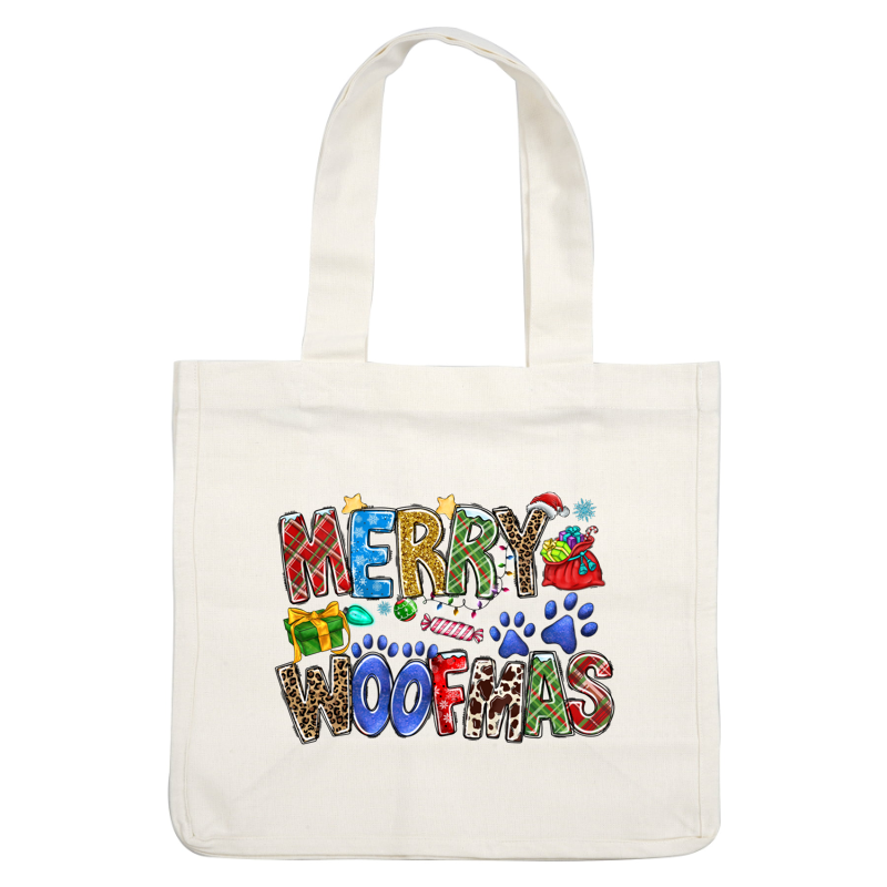 Celebrate the festive season with this colorful "Merry Woofmas" design featuring playful lettering and fun holiday icons!DTF Transfers heat press transfers