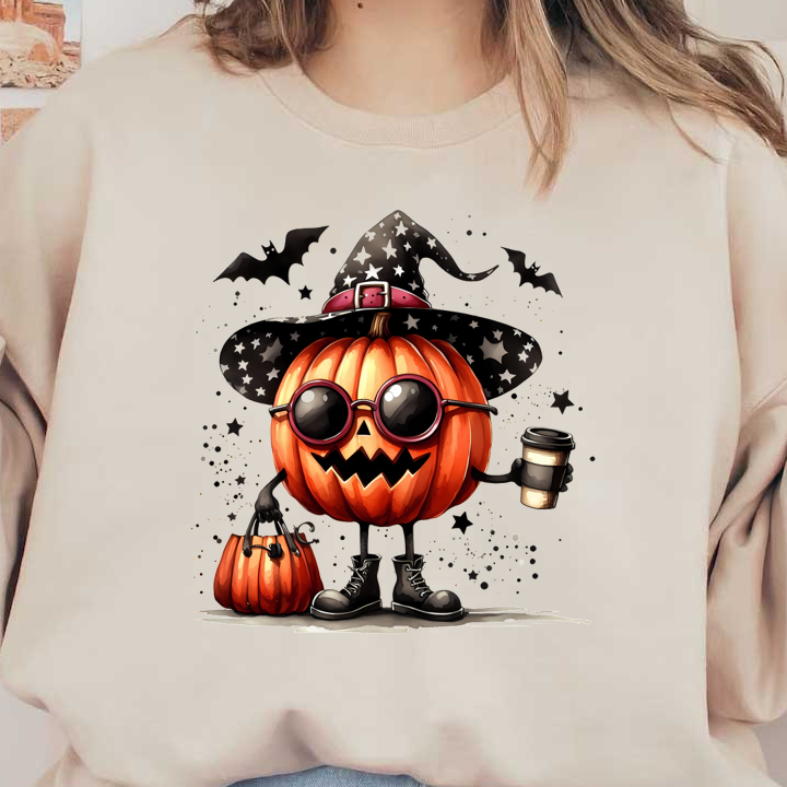 A cheerful pumpkin character in a starry witch hat, sunglasses, and boots, holding a coffee and a trick-or-treat bag.dtf regular iron