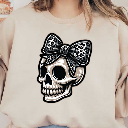 A stylish skull adorned with a bold black and white leopard-print bow, blending edgy and playful aesthetics. dtf transfers