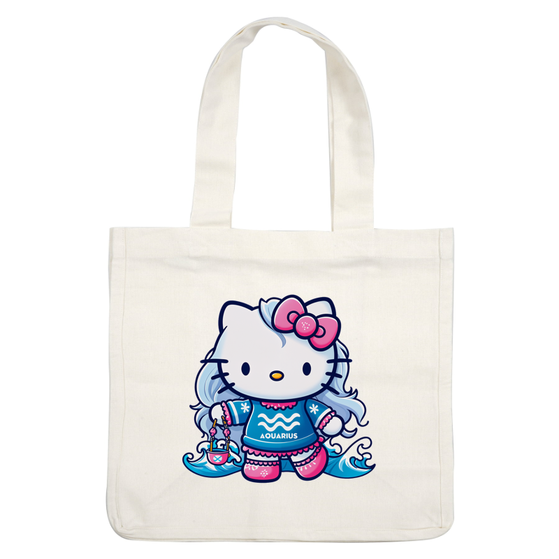 Hello Kitty is styled as an Aquarius with flowing hair, wearing a blue sweater adorned with the zodiac symbol and carrying a mini boat.DTF Transfers dtf prints