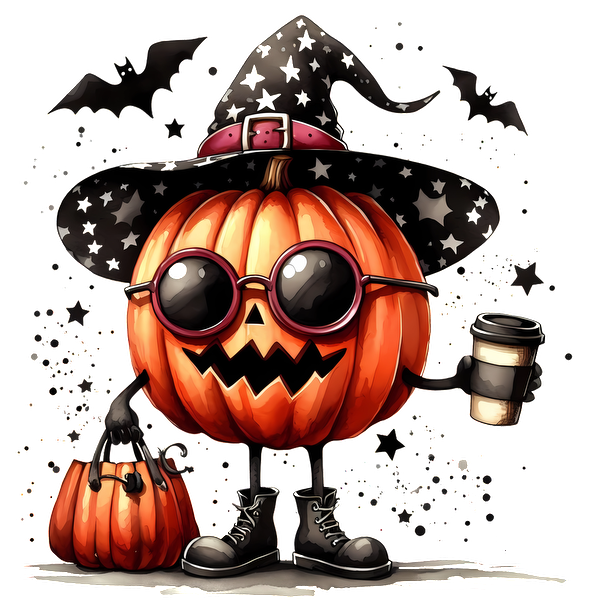 A cheerful pumpkin character in a starry witch hat, sunglasses, and boots, holding a coffee and a trick-or-treat bag.dtf regular iron