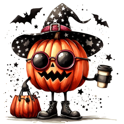 A cheerful pumpkin character in a starry witch hat, sunglasses, and boots, holding a coffee and a trick-or-treat bag.dtf regular iron