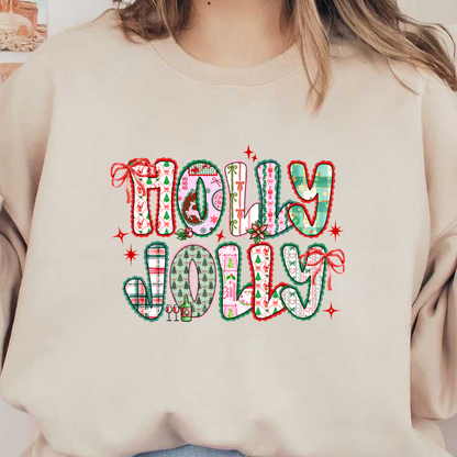 Vibrant holiday-themed text spells “Molly Jolly” with festive patterns and colors.DTF Transfers