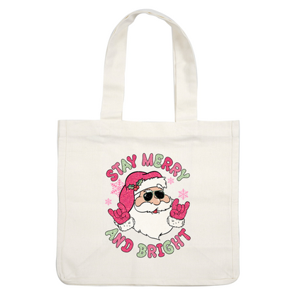 A fun and festive design featuring a cool Santa in sunglasses, with the playful phrase "Stay Merry and Bright." dtf transfers