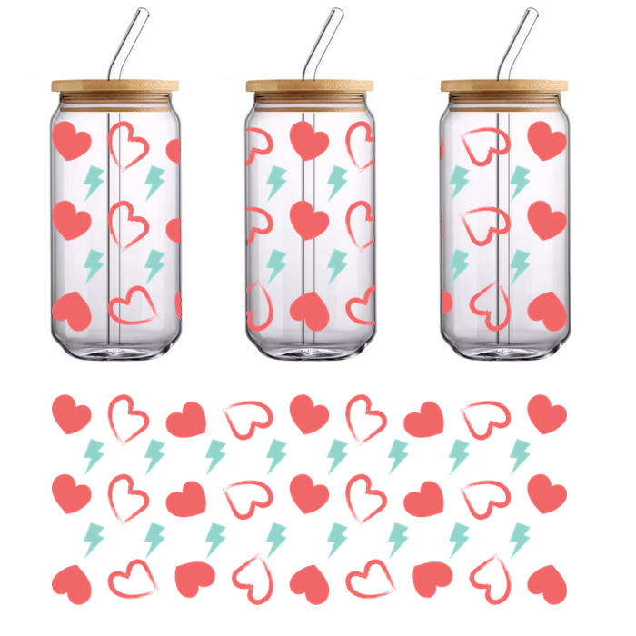 A playful pattern featuring red hearts and blue lightning bolts, perfect for a bold and fun design.UV Transfers heat press transfers