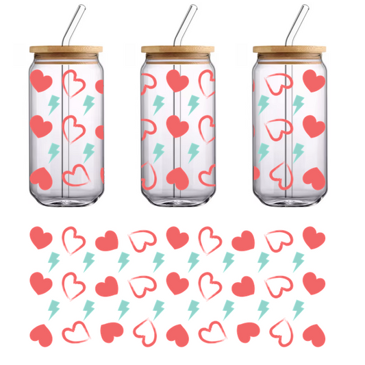 A playful pattern featuring red hearts and blue lightning bolts, perfect for a bold and fun design.UV Transfers heat press transfers