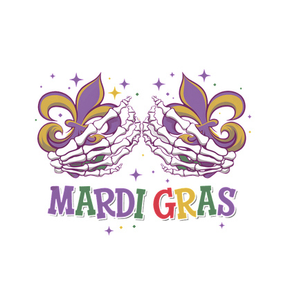 Celebrate Mardi Gras with this vibrant design featuring colorful masks and playful elements, perfect for festive occasions!DTF Transfers