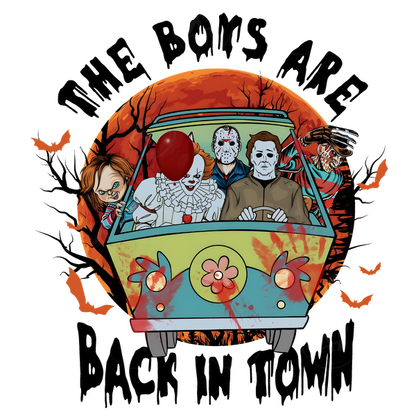 Este diseño vibrante y caricaturesco presenta personajes de terror icónicos en una camioneta colorida, con el texto "Los chicos están de vuelta en la ciudad".