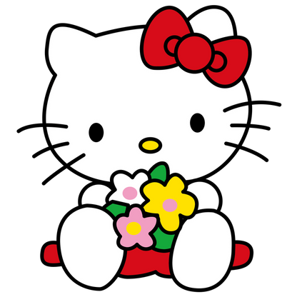 This adorable Hello Kitty character holds a bouquet of colorful flowers, featuring her signature red bow and cheerful expression.DTF Transfers