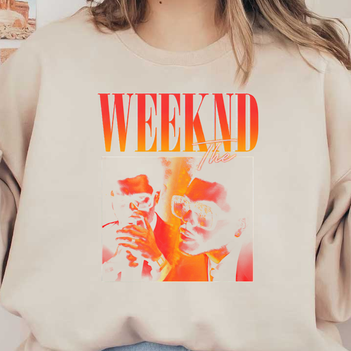 A vibrant and stylized illustration featuring an artist, highlighted with retro aesthetics, showcasing the name "The Weeknd."DTF Transfers dtf prints