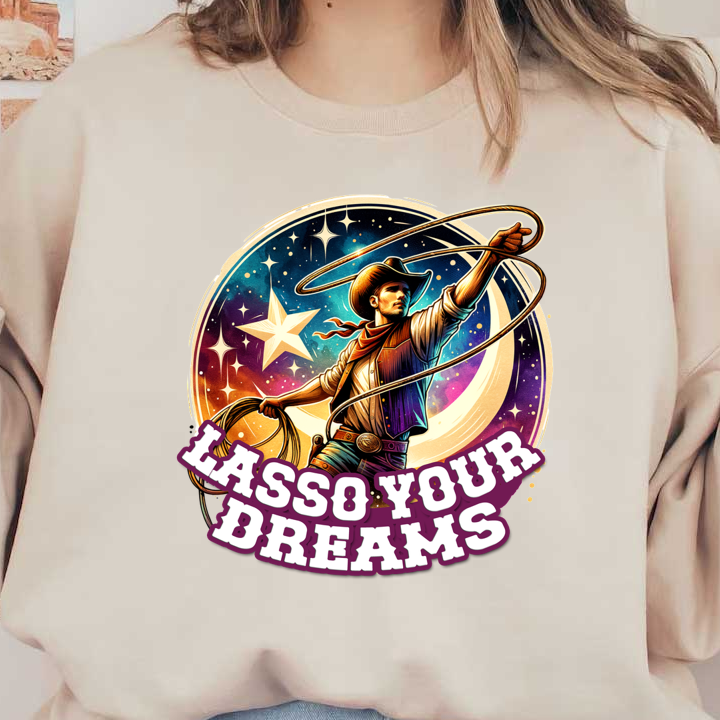 Una vibrante ilustración de un vaquero enlazando estrellas, con la inspiradora frase "Ata tus sueños" destacada.