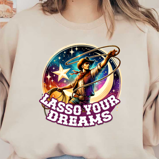 Una vibrante ilustración de un vaquero enlazando estrellas, con la inspiradora frase "Ata tus sueños" destacada.