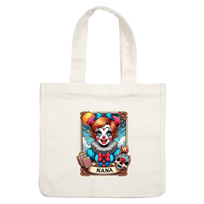 A vibrant clown illustration named "Nana," featuring playful card imagery, a skull, and a cheerful, whimsical expression.dtf regular iron