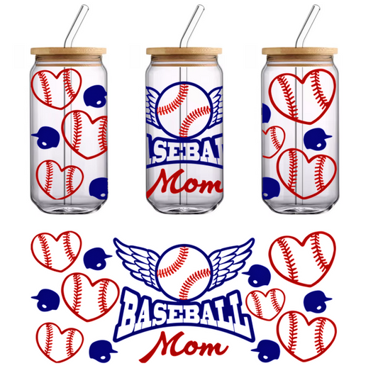 Celebrate your love for baseball with this colorful "Baseball Mom" design featuring hearts, baseballs, and wings!UV Transfers dtf prints