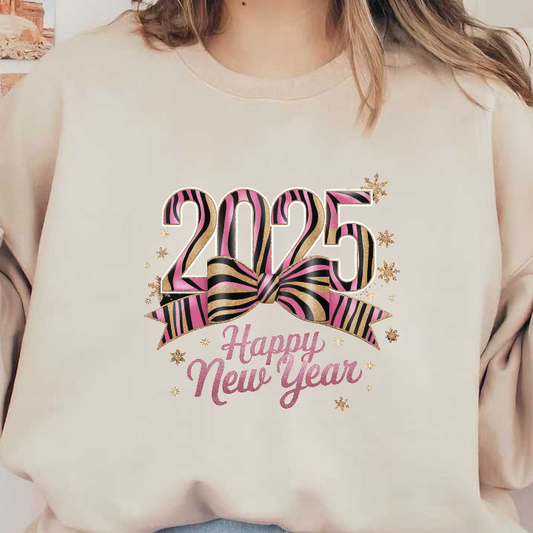 Celebrate the arrival of 2025 with this festive "Happy New Year" graphic featuring stylish pink, black, and gold design elements!DTF Transfers