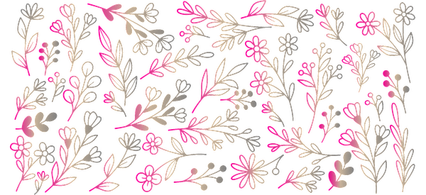 A vibrant floral pattern featuring intricate leaves and flowers in shades of pink and cream on a dark background.UV Transfers heat press transfers