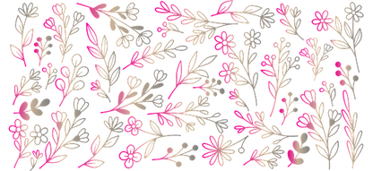 A vibrant floral pattern featuring intricate leaves and flowers in shades of pink and cream on a dark background.UV Transfers heat press transfers