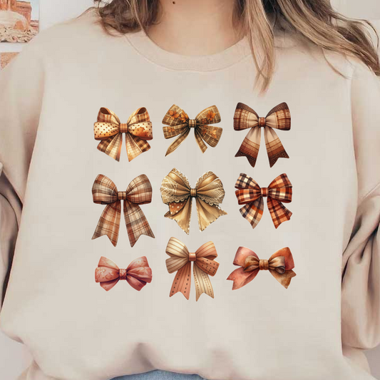 A charming assortment of nine decorative bows in warm, earthy tones featuring various patterns and textures, perfect for gifts or crafts. dtf transfers