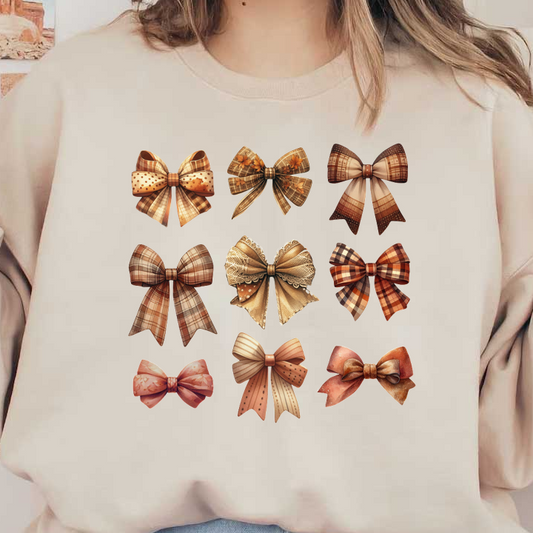 A collection of nine decorative bows featuring various patterns and textures, showcasing warm, earthy tones and intricate designs. heat press transfers