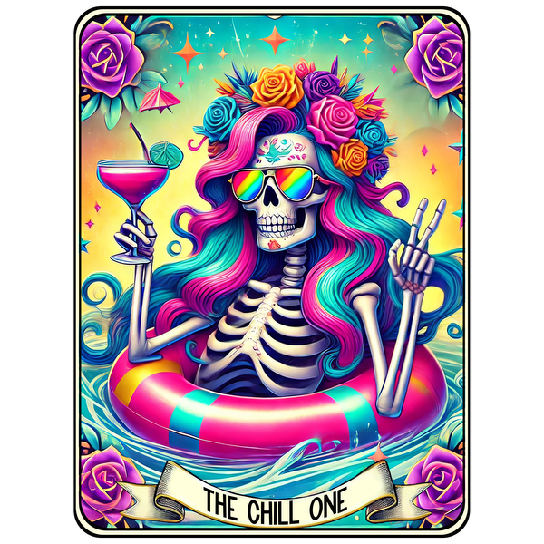 A vibrant artwork featuring a colorful skeleton relaxing in a pool with a tropical drink, adorned with flowers and sunglasses.dtf regular iron