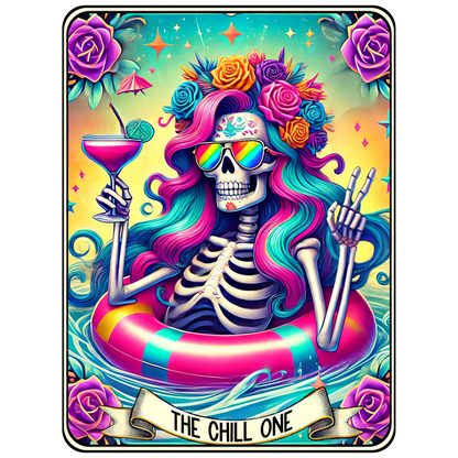 A vibrant artwork featuring a colorful skeleton relaxing in a pool with a tropical drink, adorned with flowers and sunglasses.dtf regular iron