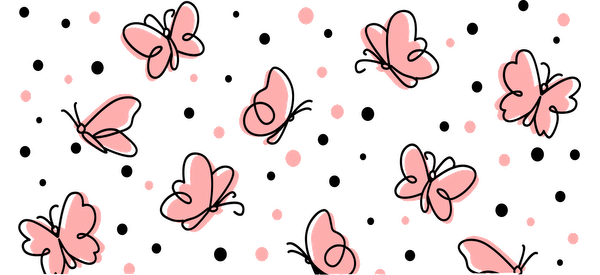 A whimsical design featuring delicate pink butterflies amidst playful dotted accents on a black background, perfect for a cheerful aesthetic.UV Transfers heat press transfers