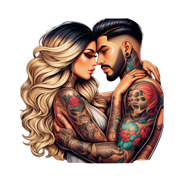 This captivating illustration features a couple embracing, showcasing intricate tattoos and stylish hairstyles, symbolizing love and artistry.DTF Transfers