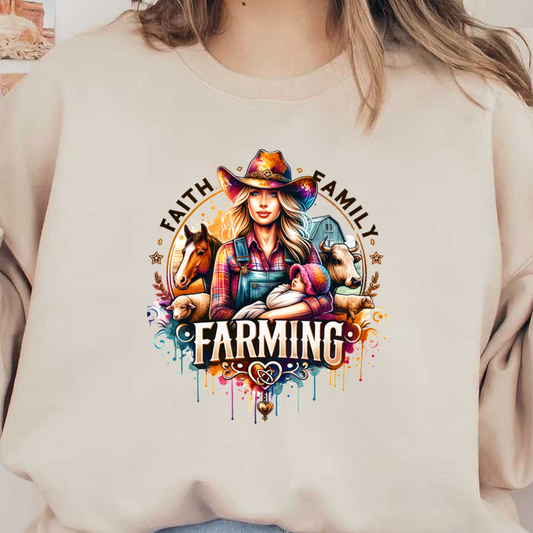 A vibrant illustration of a farmer woman in a cowboy hat, holding a child, surrounded by animals and the word "FARMING." heat press transfers