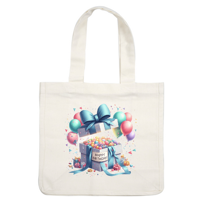 Celebrate in style with this festive birthday gift box, overflowing with colorful candies and surrounded by cheerful balloons and decorations!DTF Transfers