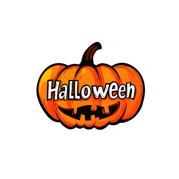 A vibrant Halloween-themed pumpkin graphic featuring bold lettering and a playful face, perfect for festive decorations. heat press transfers