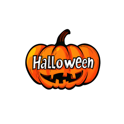 A vibrant Halloween-themed pumpkin graphic featuring bold lettering and a playful face, perfect for festive decorations. heat press transfers