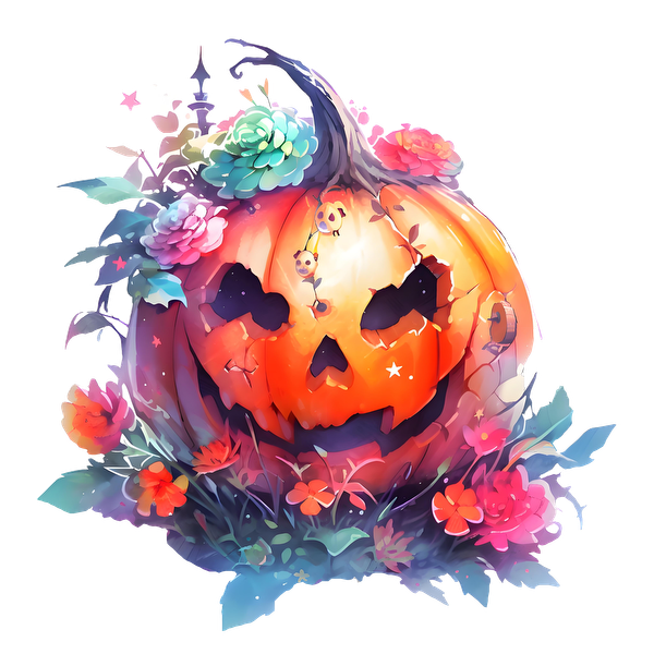 A whimsical Halloween pumpkin, beautifully adorned with colorful flowers and foliage, exuding a spooky yet enchanting charm.dtf regular iron