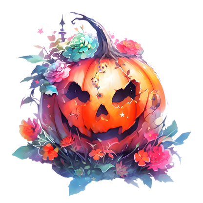 A whimsical Halloween pumpkin, beautifully adorned with colorful flowers and foliage, exuding a spooky yet enchanting charm.dtf regular iron