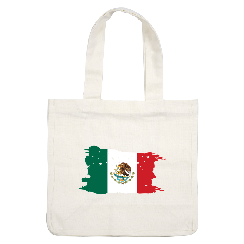 A vibrant depiction of the Mexican flag, featuring green, white, and red vertical stripes with an eagle and serpent emblem at the center.dtf regular iron