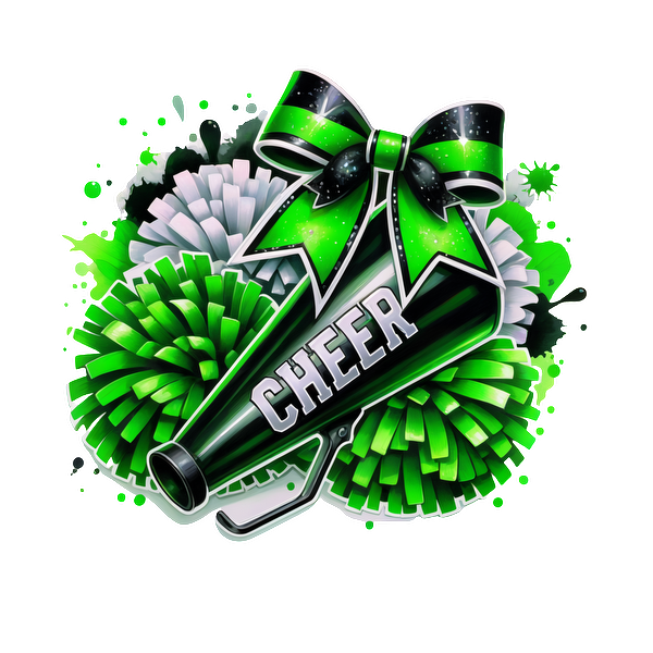 A vibrant cheerleading megaphone adorned with a green bow and surrounded by colorful pom-poms, perfect for spirited celebrations!DTF Transfersdtf regular iron