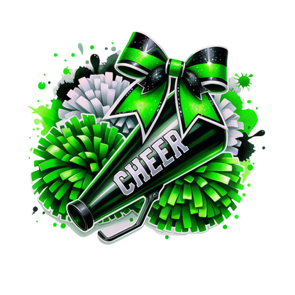 A vibrant cheerleading megaphone adorned with a green bow and surrounded by colorful pom-poms, perfect for spirited celebrations!DTF Transfersdtf regular iron