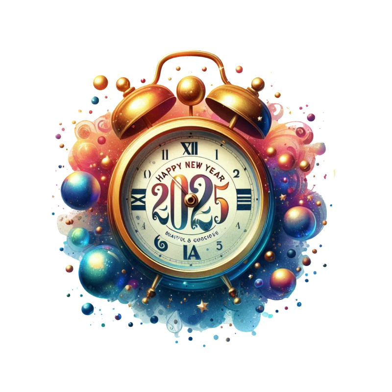 Celebrate the New Year with this vibrant clock design, featuring "Happy New Year 2025" amidst colorful cosmic elements.DTF Transfers