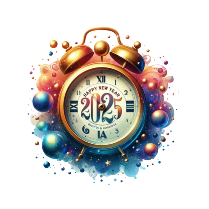 Celebrate the New Year with this vibrant clock design, featuring "Happy New Year 2025" amidst colorful cosmic elements.DTF Transfers