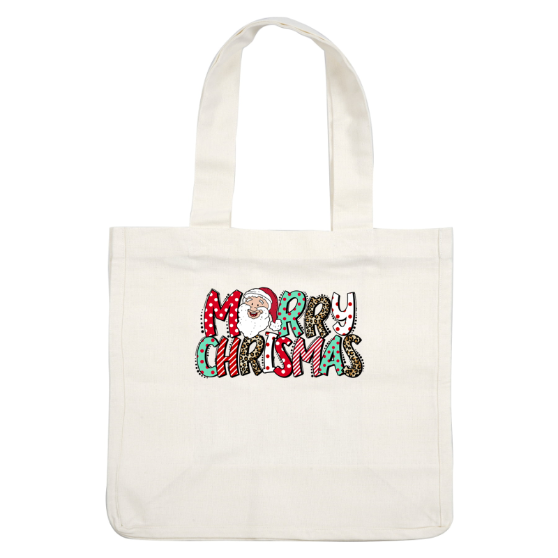 Cheerful "Merry Christmas" design featuring a smiling Santa with playful, colorful letters in festive patterns. dtf prints