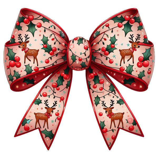 Festively designed bow featuring reindeer and holly, perfect for holiday decorations or gift wrapping. heat press transfers