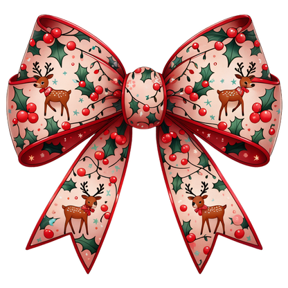 Festively designed bow featuring reindeer and holly, perfect for holiday decorations or gift wrapping. heat press transfers