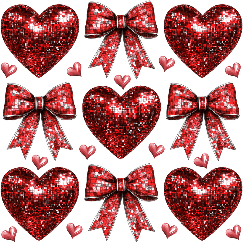 A vibrant collection featuring shiny red hearts and bows, all adorned in a mosaic style, perfect for celebrating love.DTF Transfers