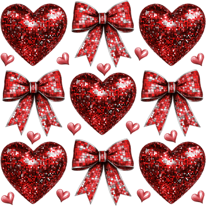 A vibrant collection featuring shiny red hearts and bows, all adorned in a mosaic style, perfect for celebrating love.DTF Transfers