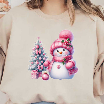 A cheerful snowman in a pink hat and scarf stands next to a decorated Christmas tree, surrounded by gifts and ornaments. heat press transfers