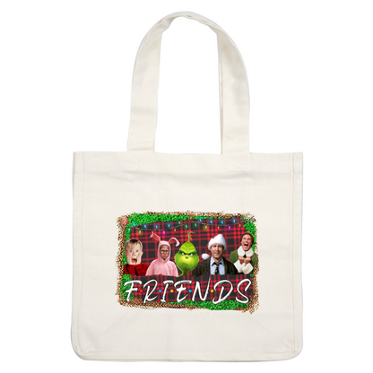 A festive gathering featuring characters in holiday attire, including the Grinch, surrounded by Christmas lights and a cheerful "FRIENDS" banner.DTF Transfersdtf regular iron dtf transfers