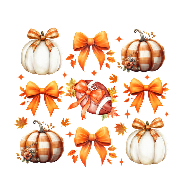 A charming collection of autumn-themed decorations featuring white and orange pumpkins, festive bows, and a football, perfect for fall celebrations. heat press transfers